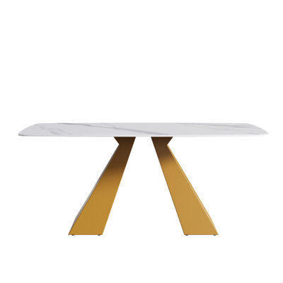 Table de salle à manger rectangulaire blanche 72,75 "avec plateau en pierre frittée et pieds en métal doré, 6 à 8 places, stable, table facile à désinfecter, support pour les jambes, pouvant accueillir les égratignures, processus de nettoyage