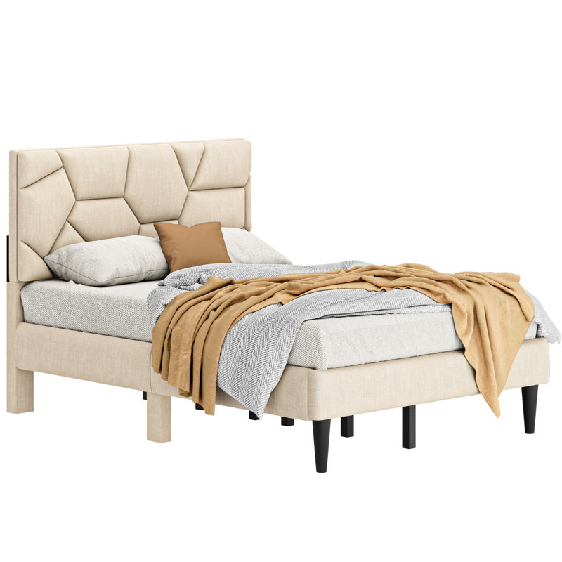 Cadre de lit double beige - solide, stable, sans sommier, avec cadre de rangement pratique, organisé, Bois