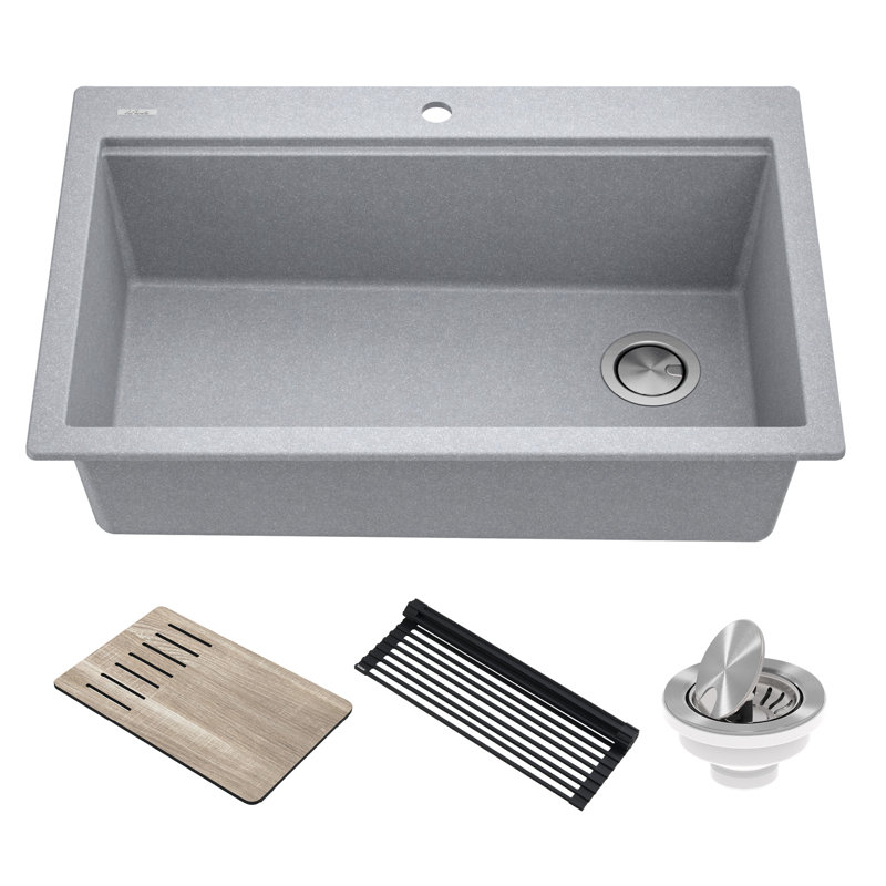 Évier de cuisine à simple cuve en granite avec accessoires KRAUS Bellucci Workstation 33 po, Gris métallisé
