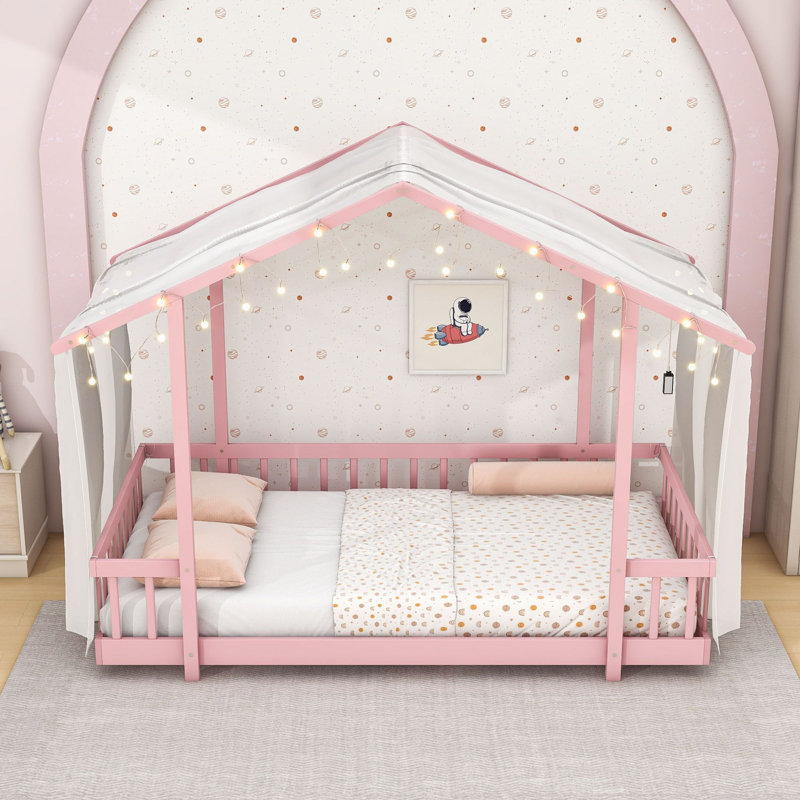 Lit plateforme avec baldaquin et guirlande lumineuse, Lit simple, Rose