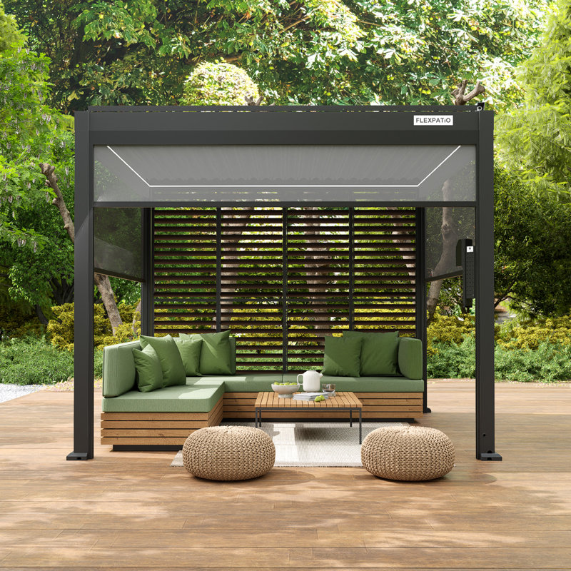 FlexPatio 10x10 Power+ Pergola W/ Motorized Roof + 3-side Shades & 1-side Shutter Wall, 10' W x 10' D