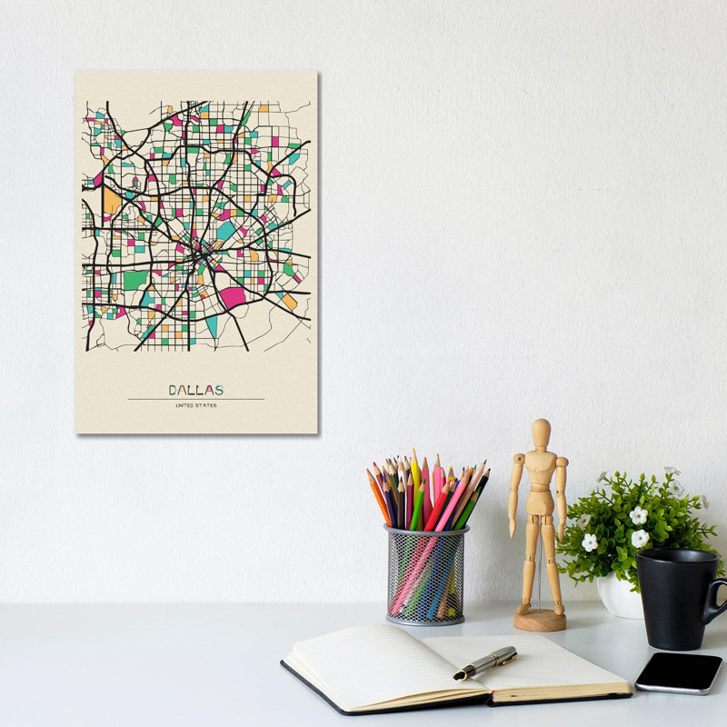 Dallas, Texas Map 1 Piece Wrapped Canvas Wall Art, 20.32 cm H x 30.48 cm W