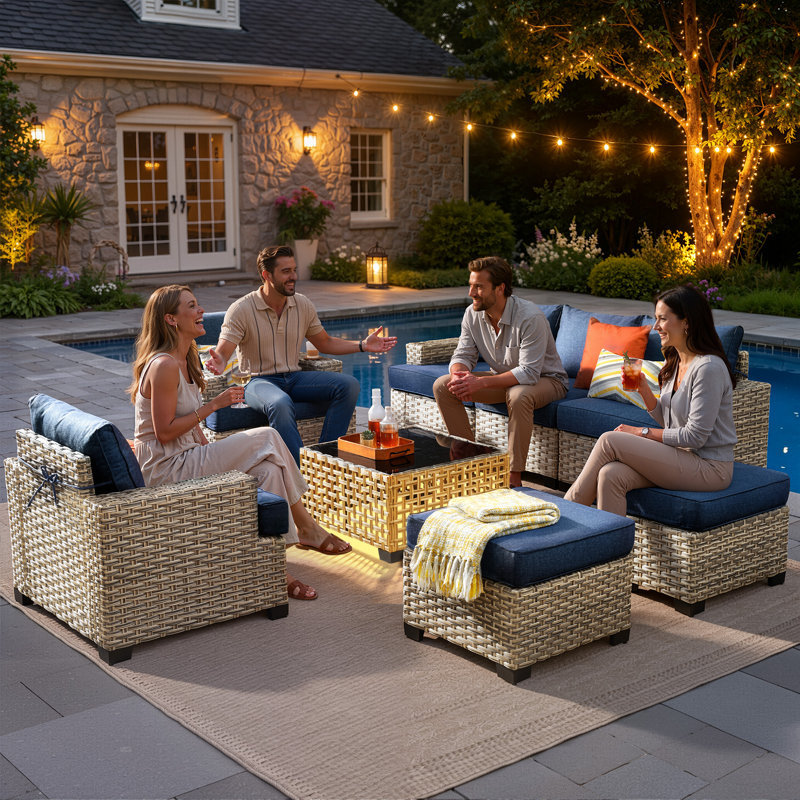 8 Pieces Modular Wicker Rattan Patio Furniture Set With Cushions, Blue