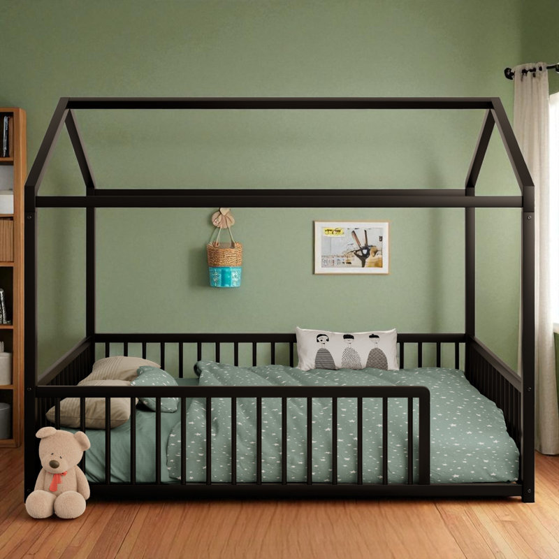 Metal Canopy Bed Floor House Bed With Fence, Black, Full