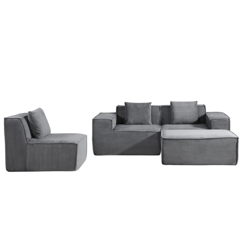 86'' L Shaped Couch With Armrest Organizer,3 Seats Sofas With Movable Ottoman,Comfy Sectional Sofa With Thick Cushion,Linen Sectional Couches For Living Room,Bedroom,Apartment,Dark Gray