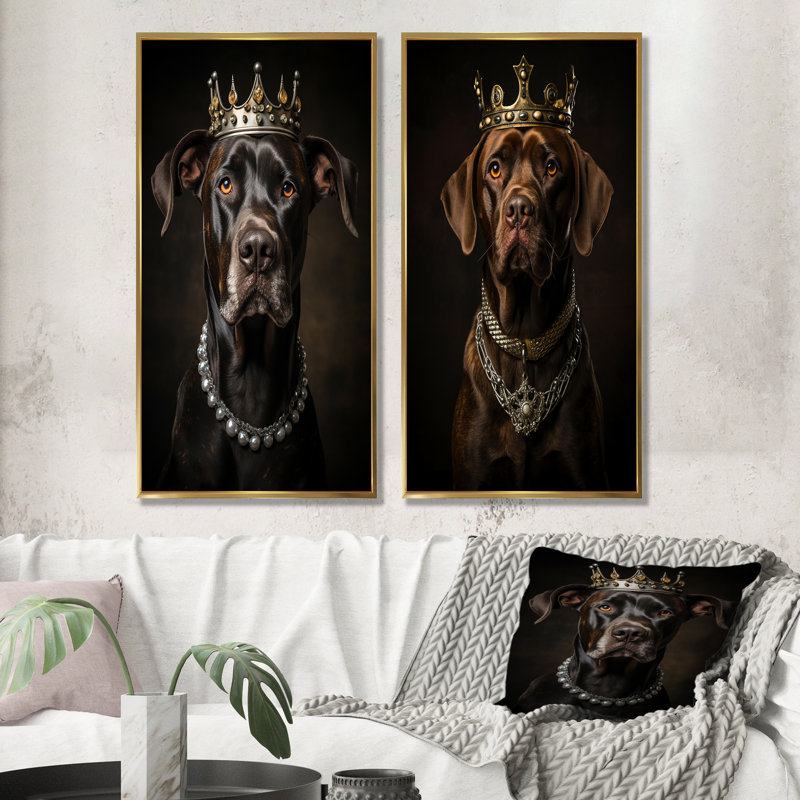 «Crowned Royal Bloodhound Dog I», ensemble de 2 reproductions d'art sur toile, Encadrement doré, H 28 po x l 25 po