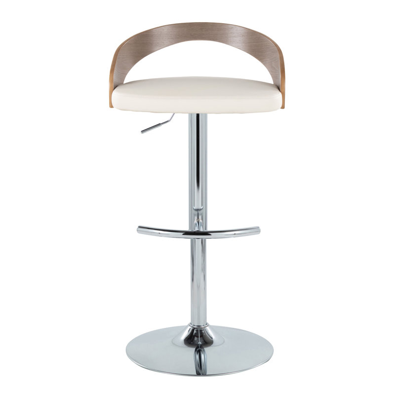 Tabouret de bar réglable Laurenzio avec repose-pieds arrondi en T, Chrome, Similicuir blanc / bois gris clair