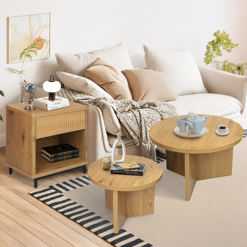 Natural Oak Fluted Nightstands with Drawer Storage and Metal Legs