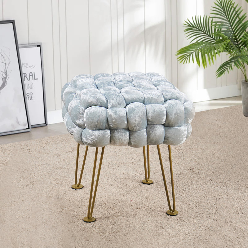 16" Wide Velvet Square Ottoman, Light Blue Velvet