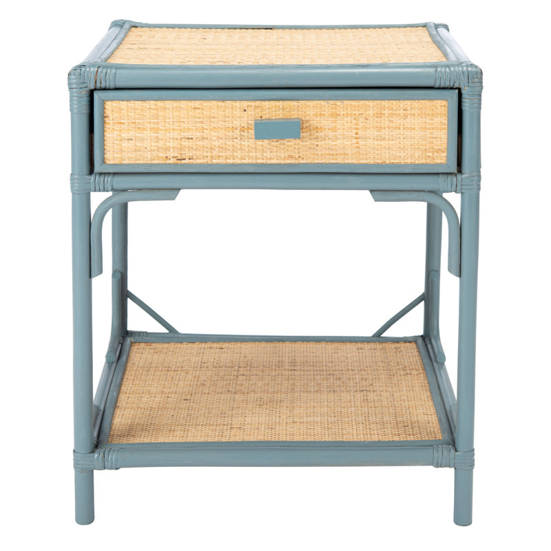 Table de chevet Elegant Boatner Coastal - l 18,5 po en osier et bambou avec tiroir et tablette ouverte, Bleu gris / naturel