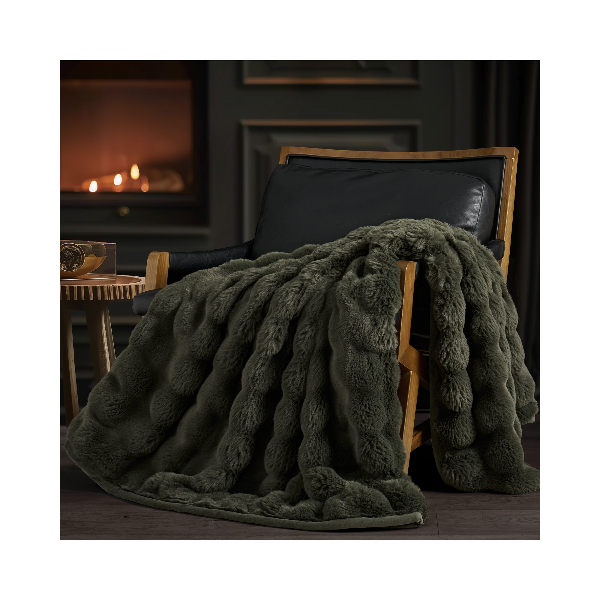 Ridgeline Faux Fur Throw Blanket, Loden Green, 60" L x 50" W