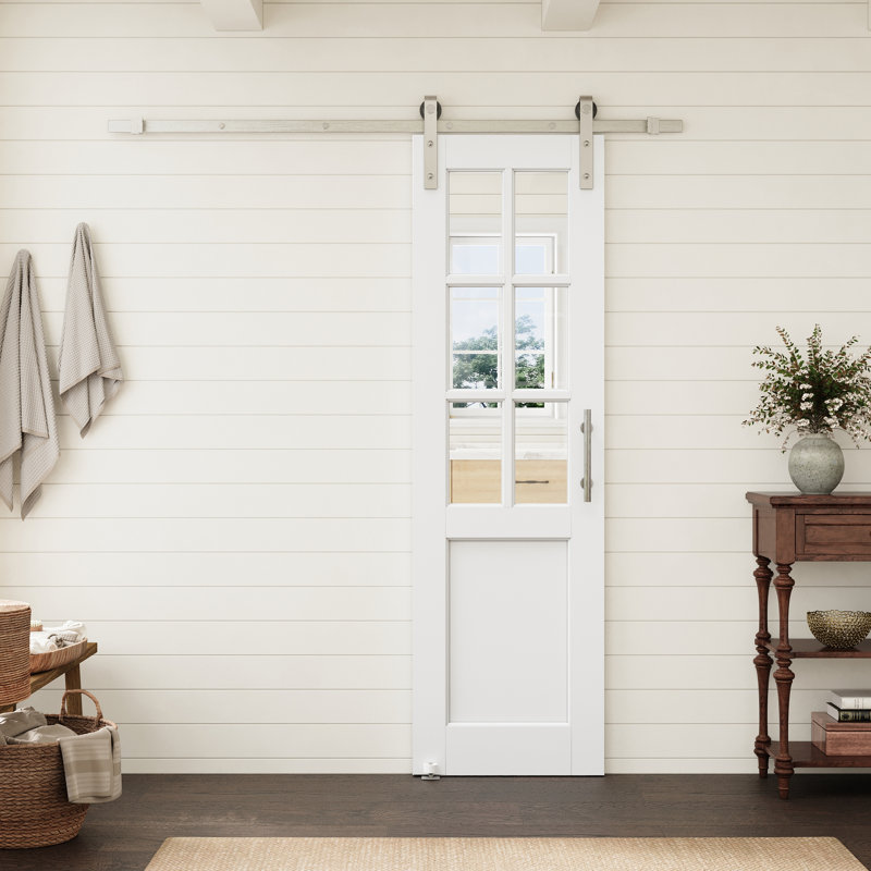Porte de grange standard préfinie à 6 carreaux en bois massif fabriqué, 24 po x 80 po, avec ensemble de quincaillerie en nickel.