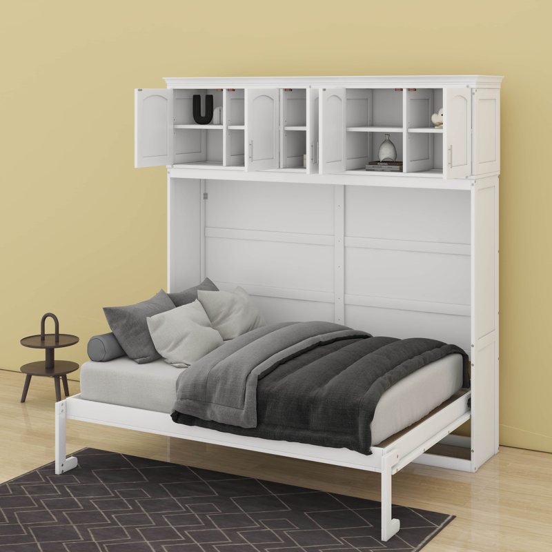 Lit escamotable avec armoires supérieures Murphy, Blanc, Lit double