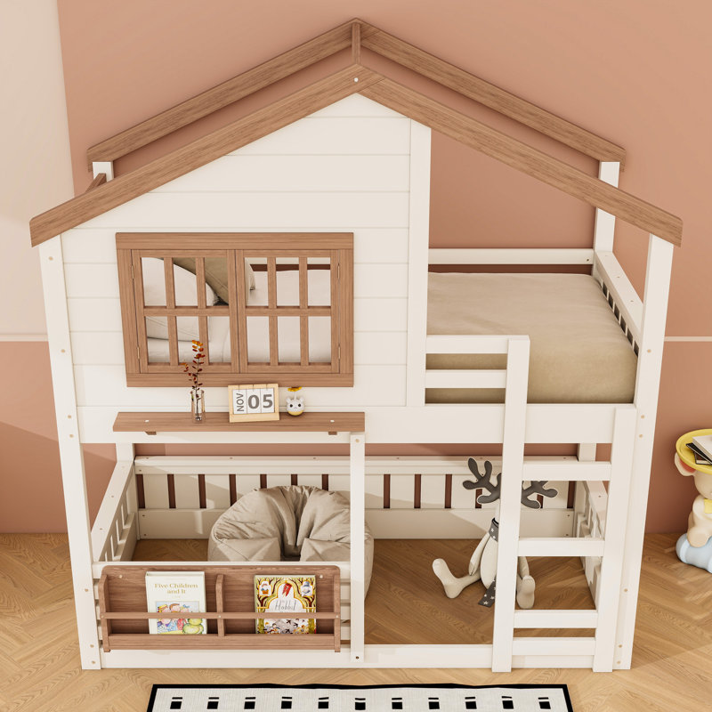 Wood Bunk Bed With Bookshelf, Beige/Natural, Twin