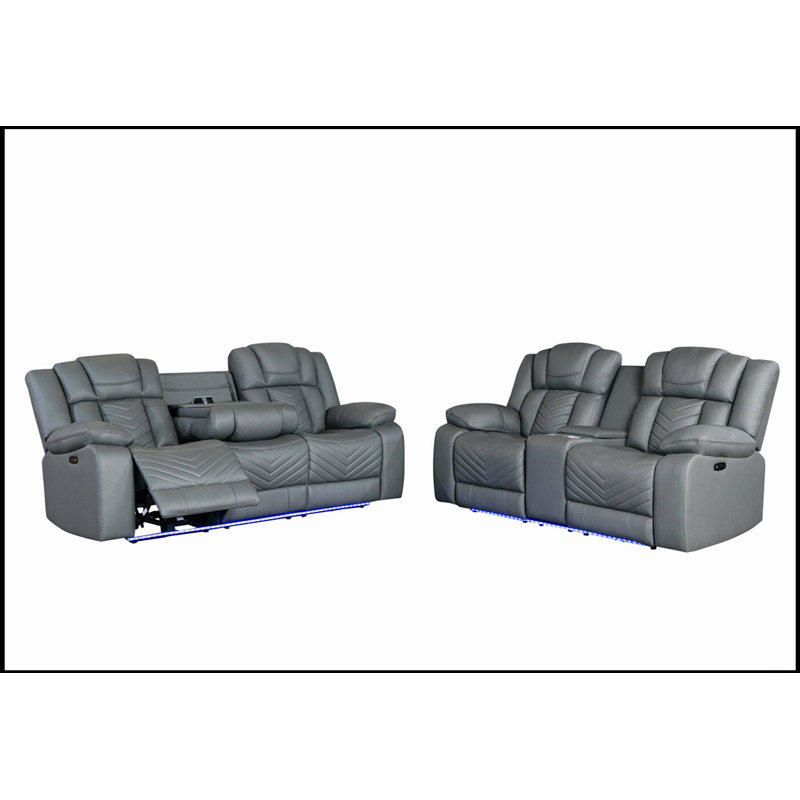 Power Console Reclining Loveseat With LED Lights, Cup Holders, Drop-Down Table & Plug, Soft Polyester Fabric