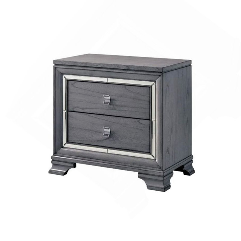 Table de chevet 2 tiroirs en bois avec bordure miroir, gris clair