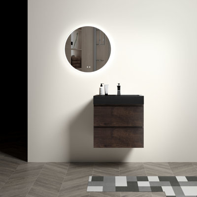 Meuble-lavabo de salle de bain 24 po - noyer, fixation murale, grand espace de rangement, lavabo noir, noyer silencieux avec rangement moderne, grands tiroirs, finition sophistiquée, lavabo