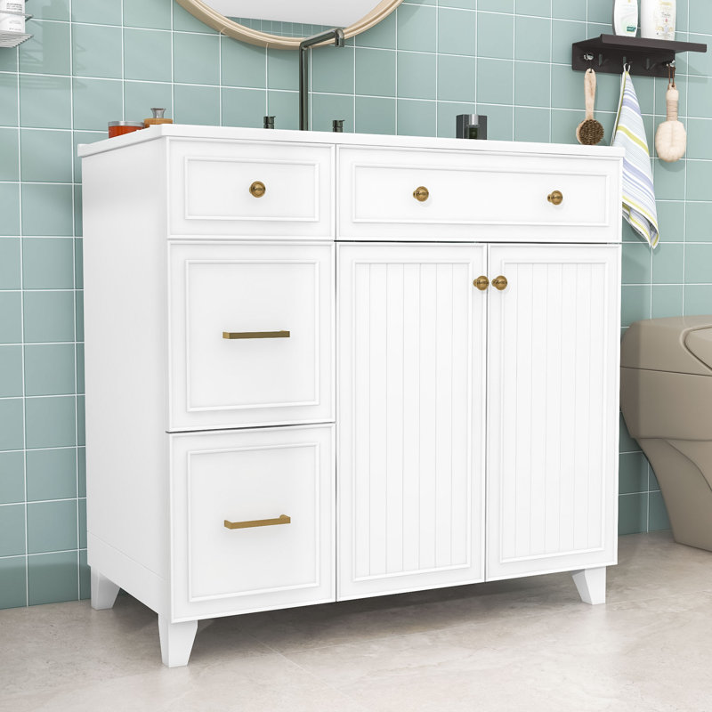 Meuble-lavabo en bois avec lavabo en céramique, tablette de rangement et tiroirs