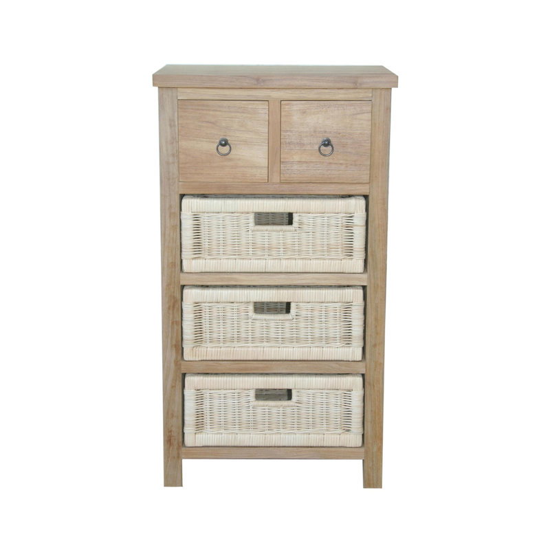 Teak and Rattan 3-Basket Storage Chest