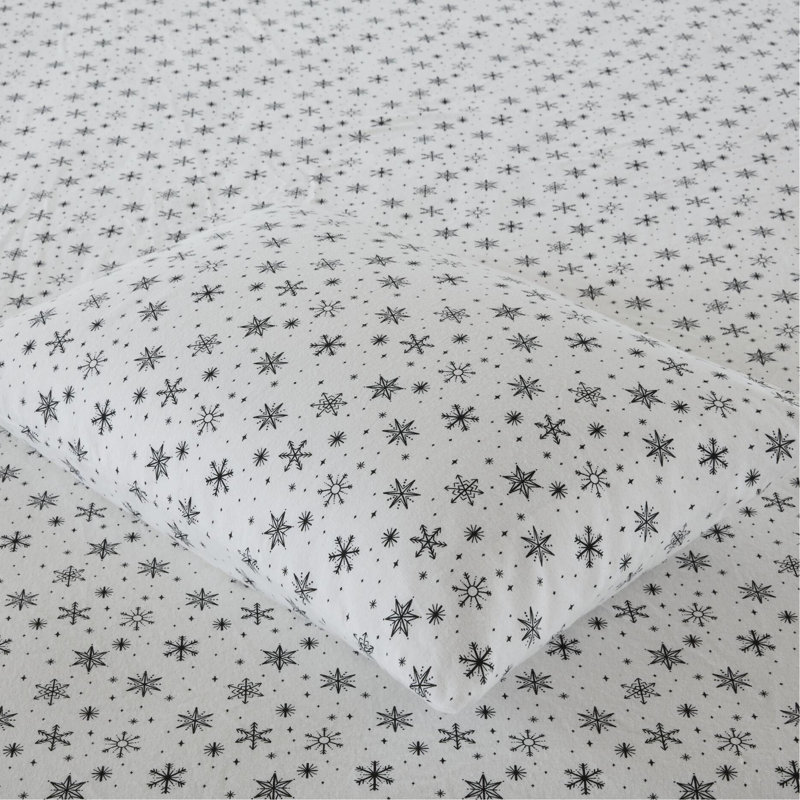 Ensemble de draps 4 pièces avec flocons de neige noirs, flanelle 100% coton, dimensions surdimensionnées allant jusqu'à 18 po de hauteur, douceur supérieure, drap-housse élastique, pré-rétréci