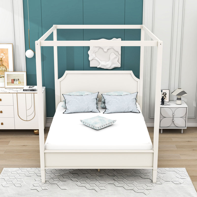Lit plateforme à baldaquin avec tête de lit, Grand lit, Blanc crémeux