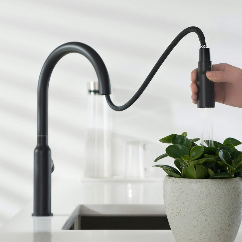 Robinet de cuisine à poignée simple Hilo, Noir mat, Avec distributeur de savon