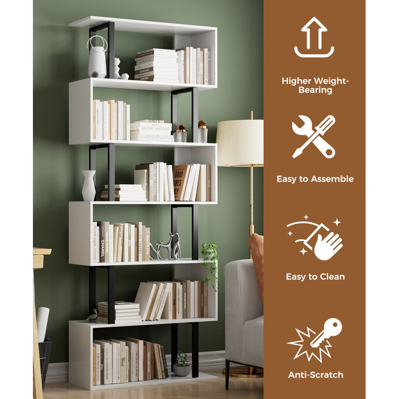 White and Black 6-Tier Geometric Wood and Metal Bookcase