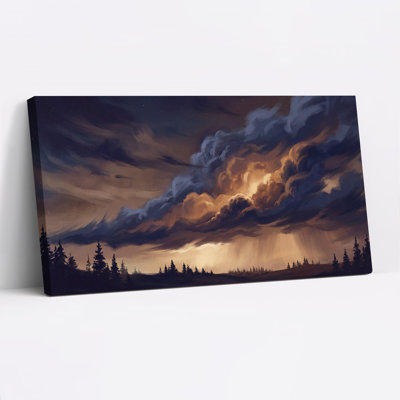 Tableau sur toile représentant des nuages ​​d'orage spectaculaires au-dessus d'une forêt de pins, idéal pour l'Halloween