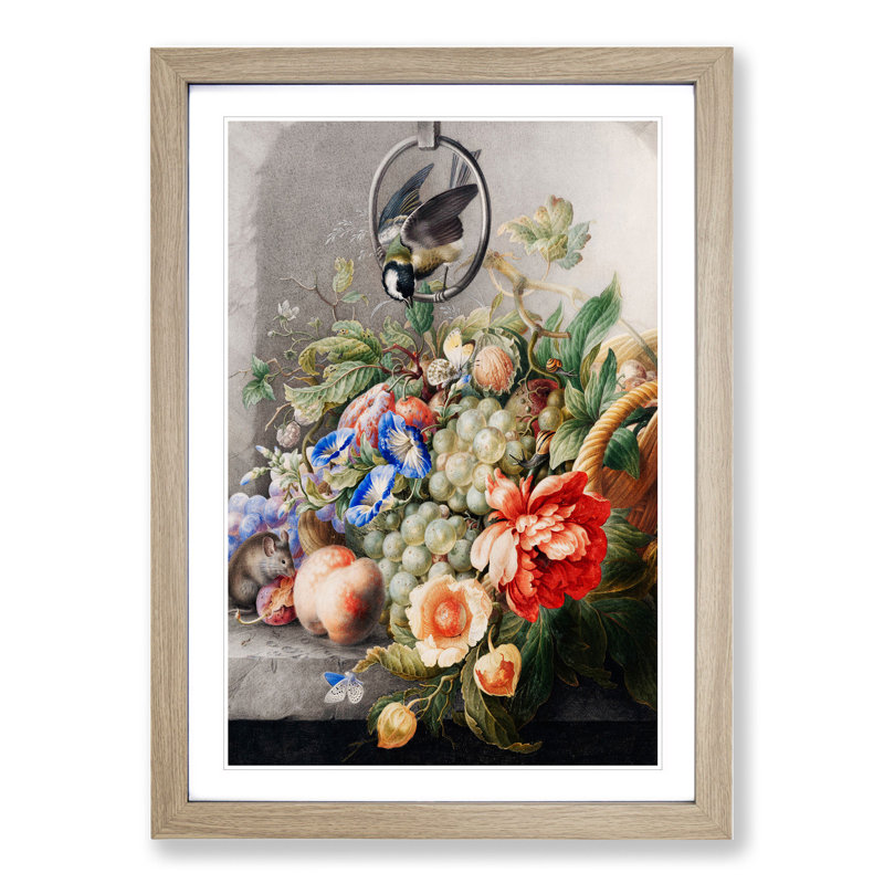 Bird with Flowers by Herman Henstenburgh - Picture Frame Painting, Oak Framed, 65cm H x 48cm W x 2cm D