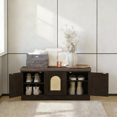 Entryway Storage Bench With Doors And Cushion, 2-Tier Shoe Rack & 6 Drawers