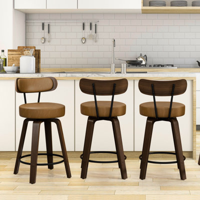 Swivel Counter Height Bar Stools Set of 3, Faux Leather Kitchen Stools Upholstered Barstools with Back, Walnut Wood Legs, Mid Century Island Chairs Co by Corrigan Studio