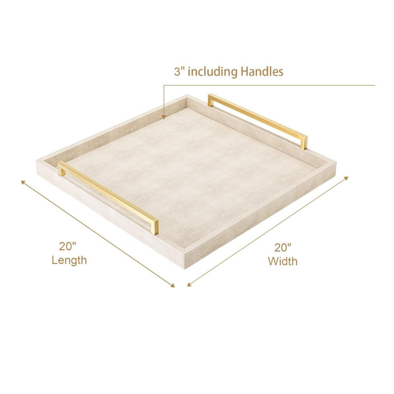 50.8cm Square White Shagreen Leather Breakfast Tray with Gold Handles