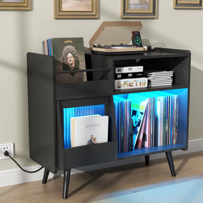 Large Record Player Stand, 350 Vinyl Record Storage Holder with Power Outlet and LED Light by George Oliver