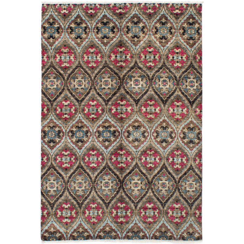 Tapis unique en laine noué à la main rouge / brun / gris 6 pi x 9 pi années 2010 Tobergill