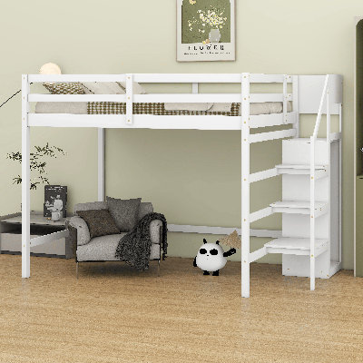 Full Size Loft Bed With Built-In Storage Wardrobe,Multi-Functional Solid Wood Beds Frame,W/Staircase And Clothes Rack,Has Stairs