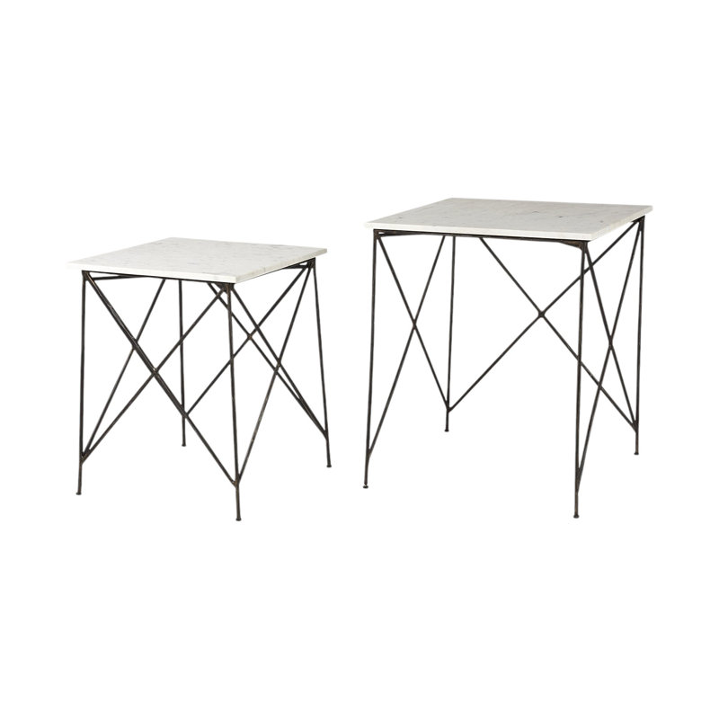  Ensemble moderne de deux tables gigognes en marbre blanc et métal noir