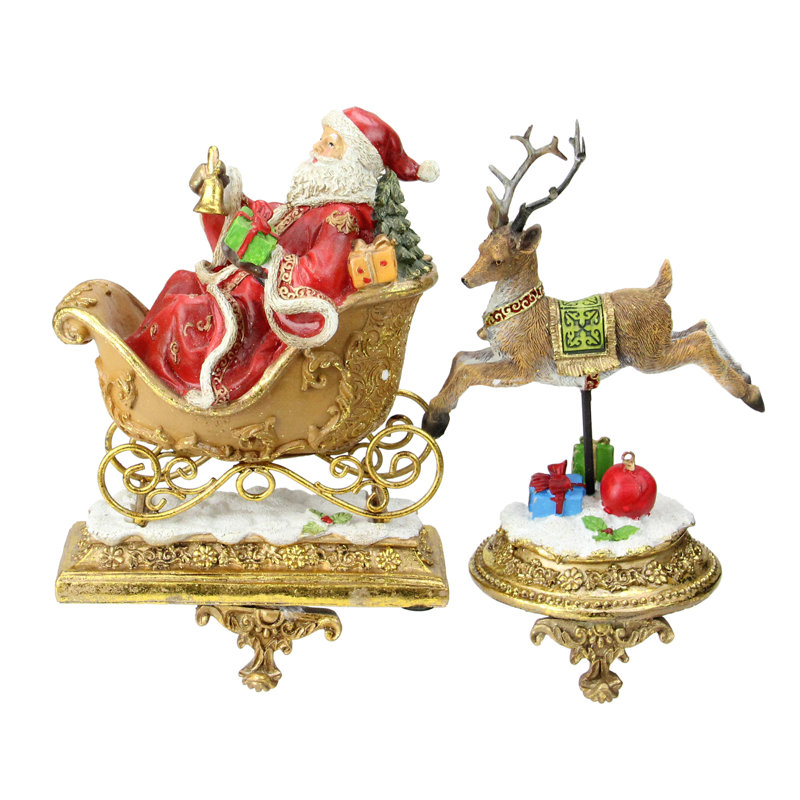 Gold Santa and Reindeer Glittered Christmas Stocking Holders Set