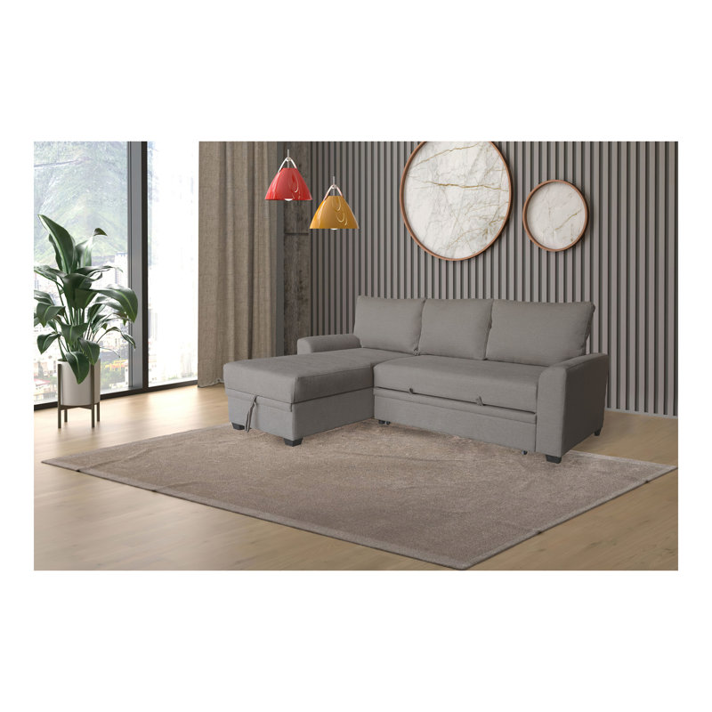Namir 90.5"W Flannel Fabric Sleeper Sectional with Left-Facing Storage Chaise, Brown Fabric