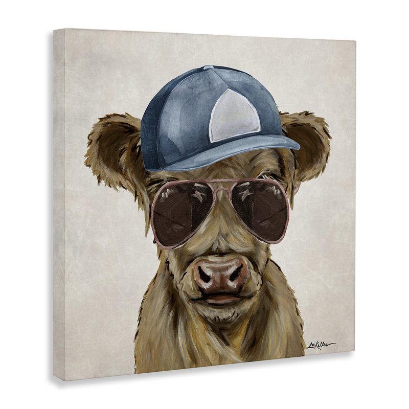 Art mural sur toile, "Cool bovins avec casquette et lunettes", design par Lee Keller, H 17 po x l 17 po