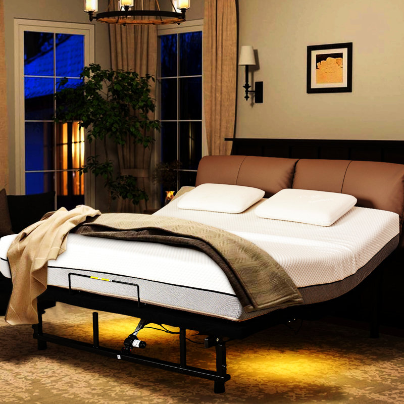 Très grand lit avec positions réglables, matériaux, télécommande sans fil, tête et pied de veilleuse, moteur silencieux, 4 ports, sous la nuit