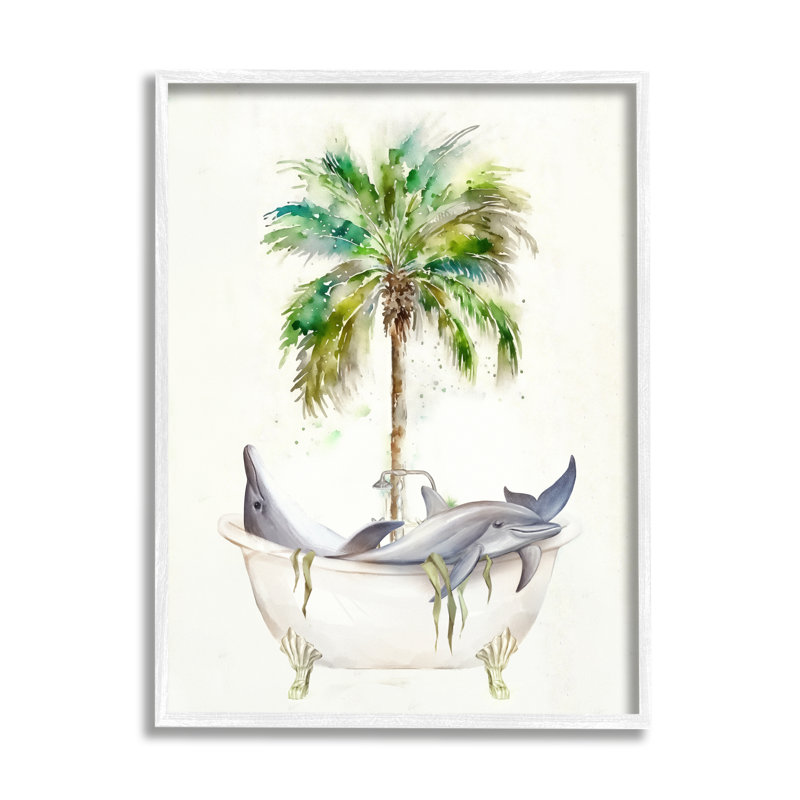 "Tropical Dolphins", giclée par Ziwei Li, H 20 po x l 16 po x P 1,5 po, Giclée encadrée blanc bord de mer