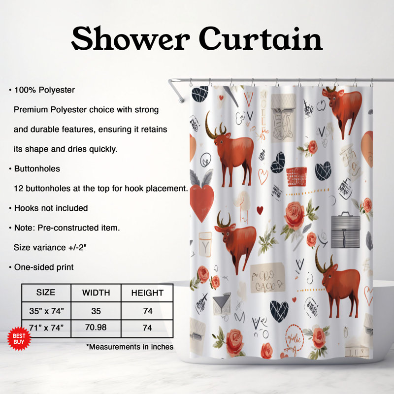 Heart Cow - Rideau de douche Premium, H 74 po x l 71 po