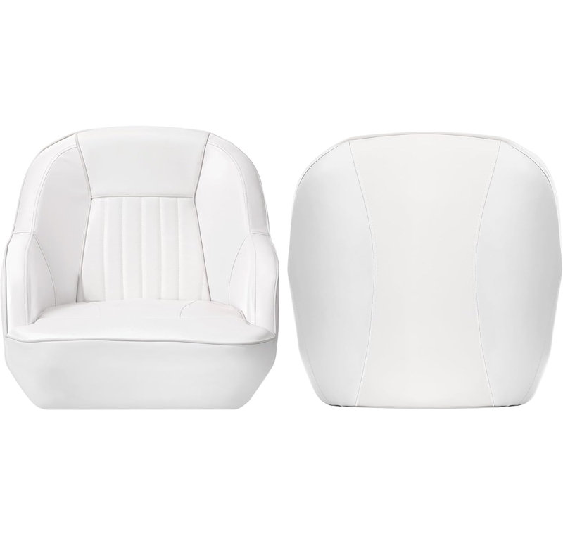 High Back Pontoon Captain Seat, UV-Resistant Vinyl Boat Chair, White/Blue Piping