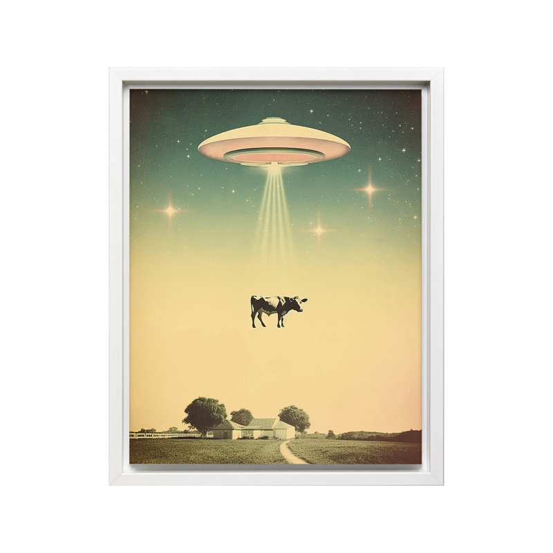 Enlèvement de vache UFO, Canvas, 18"H x 24"W, White Framed
