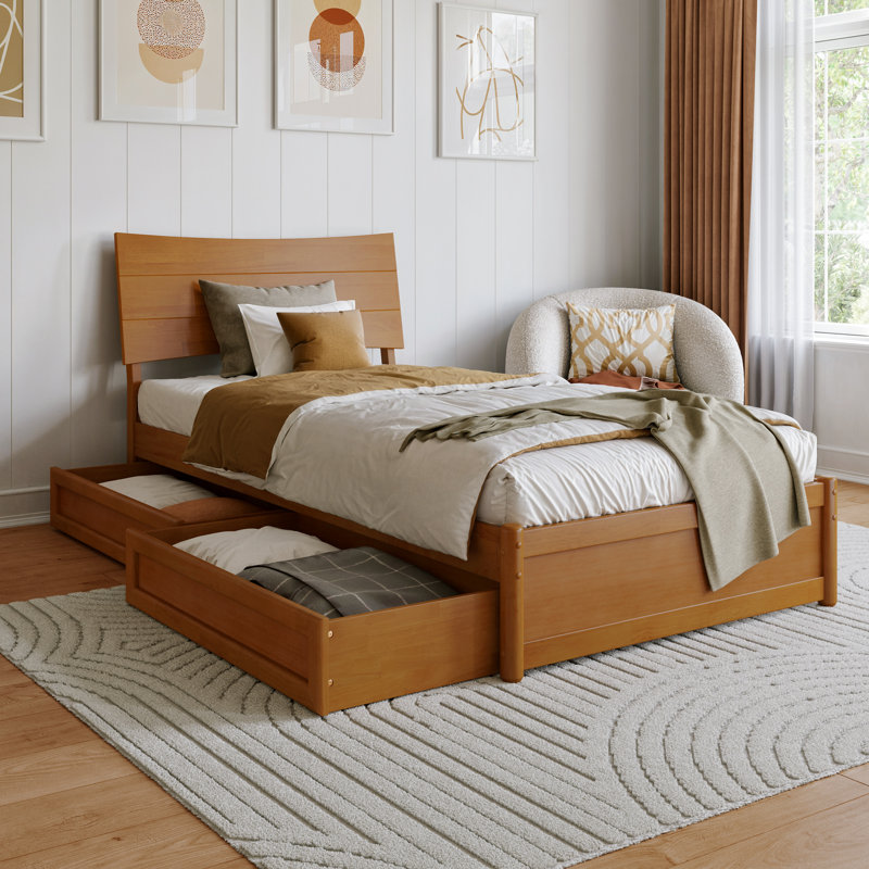 Harlowe Wood Platform Bed with Storage Drawers, Très grand simple, Light Toffee