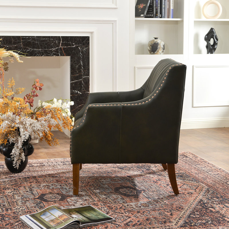 30.5'' W Top-grain Genuine Leather Upholstered Armchair, Dark Green