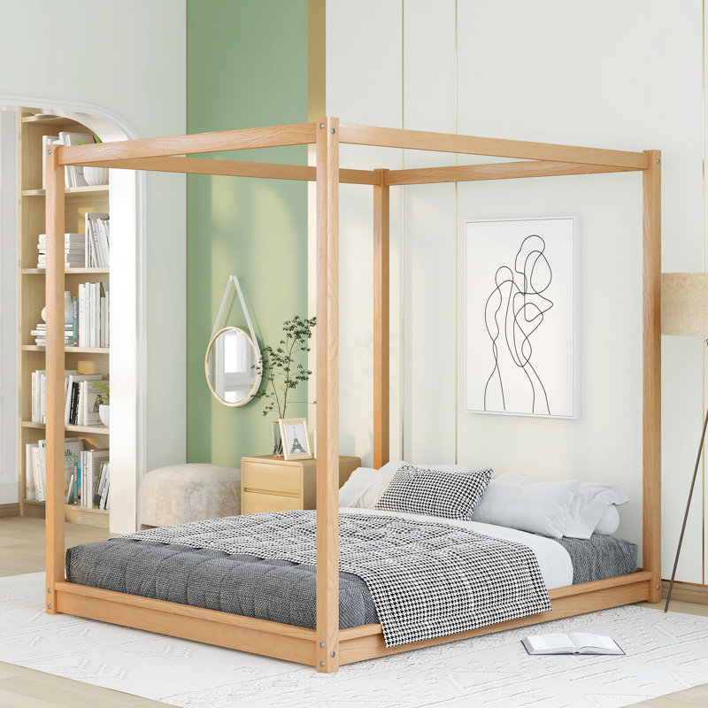 Queen Size Canopy Platform Bed Frame with Slats and Support Legs, Modern Pine Wood Bed, No Box Spring Needed