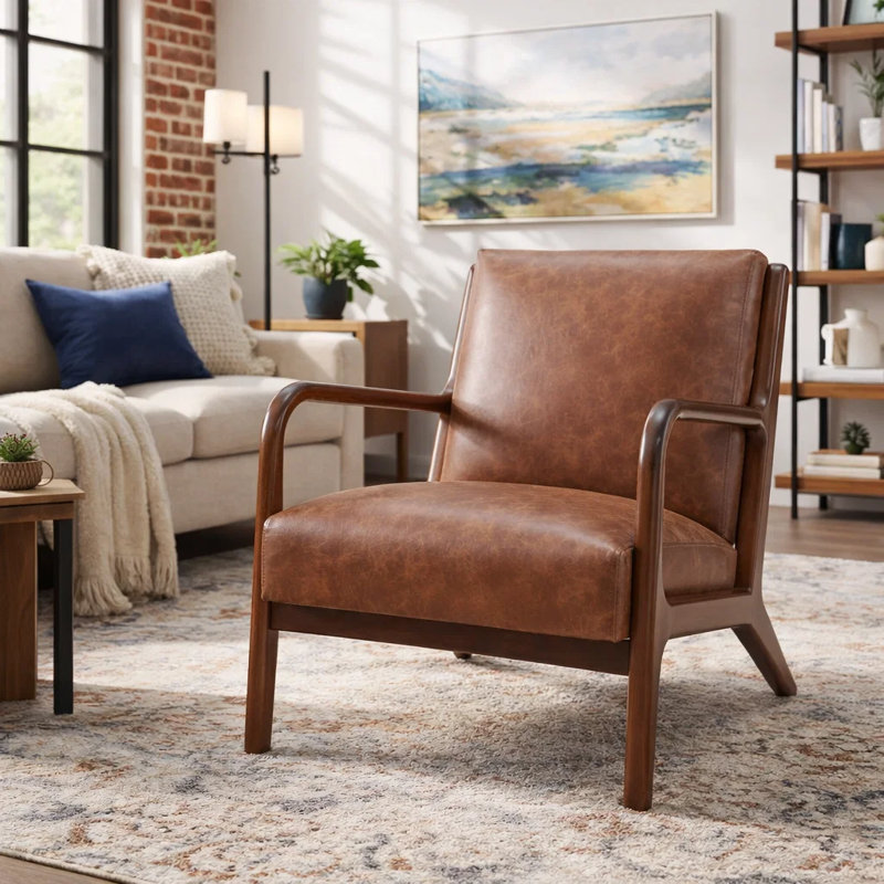 Chaise d'appoint 29,75 po Mid-Century Modern - Revêtement en similicuir brun avec structure en bois de noyer