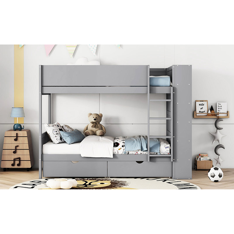 Twin Over Bunk Bed In Gray With Functional Cabinetry - 2 Drawers And Multi-Layer Cabinet Storage, Gray, Twin