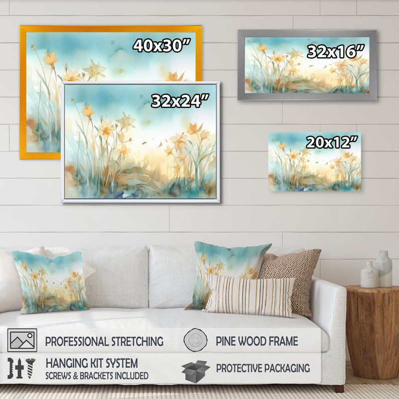 Jahanna Golden Daffodils Elegance III sur toile, Cadre photo noir, H 34 po x l 44 po x P 1,5 po